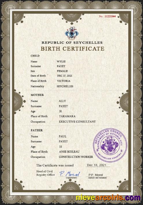 Seychelles vital record birth certificate